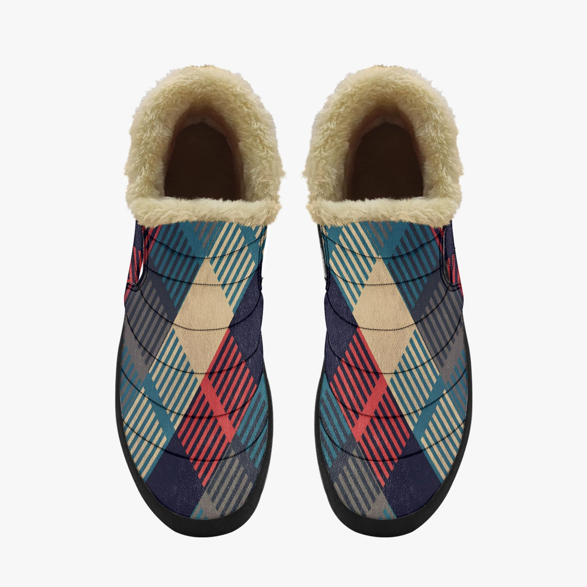 A pair of colorful patterned slippers with fur lining.