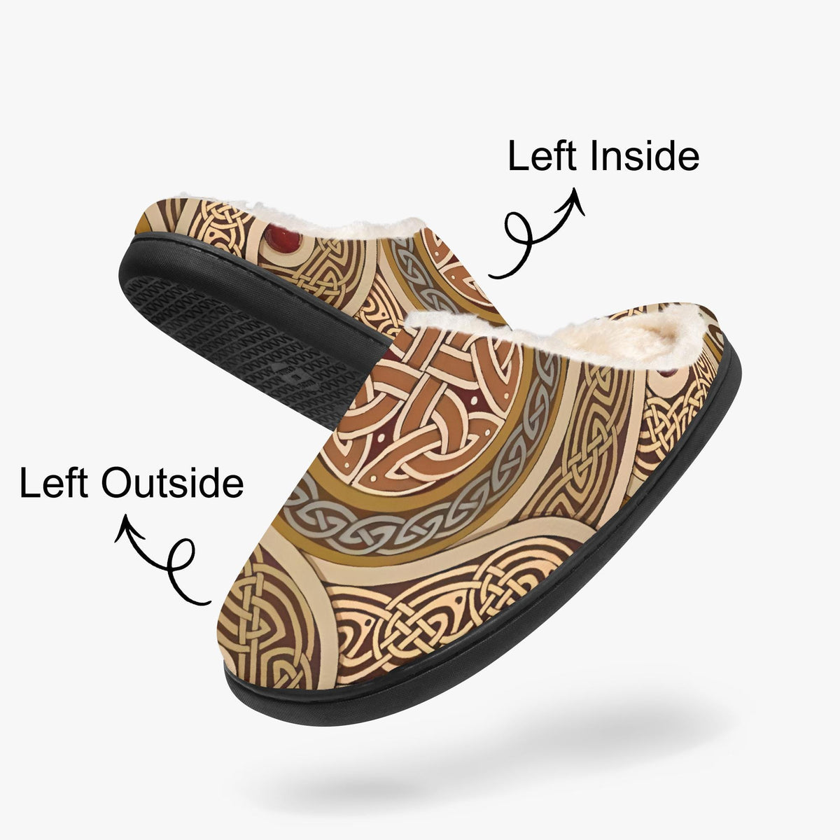 A pair of slippers with a decorative pattern on the side, with arrows pointing to the left and right sides of the slippers to indicate their positions.