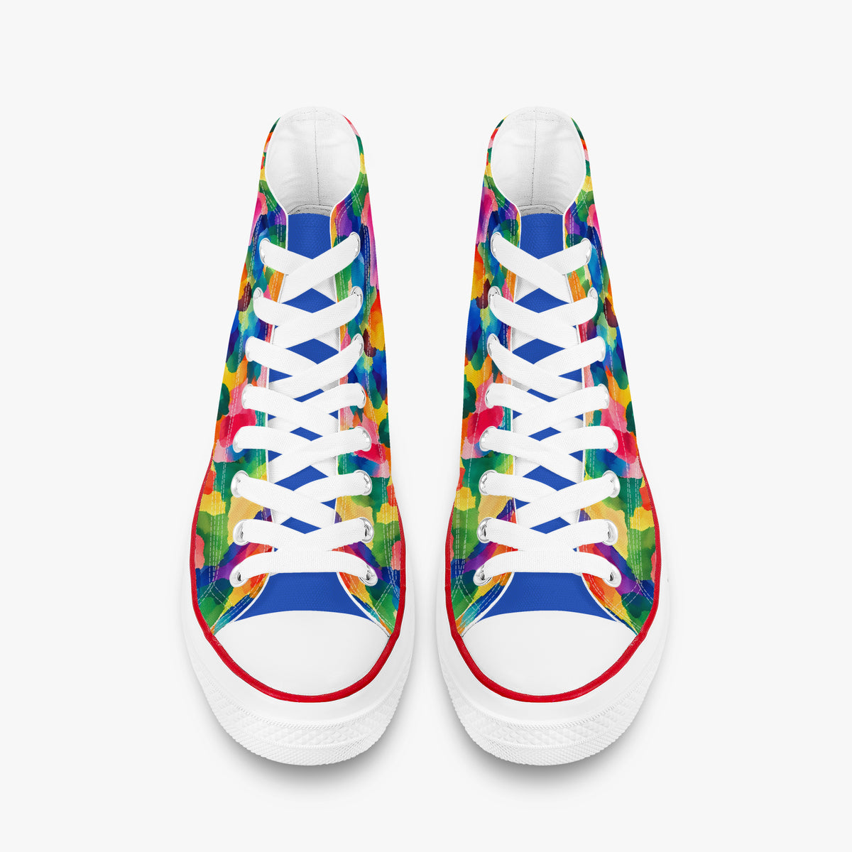 Top-down view of a pair of high top sneakers on a white background