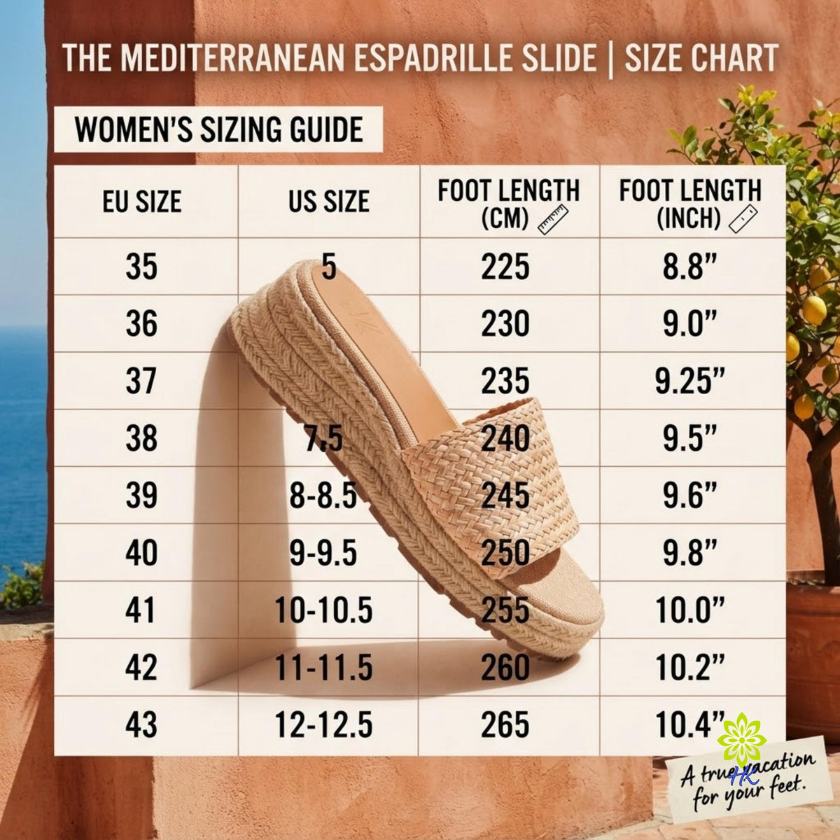 A size chart graphic for the Mediterranean Espadrille Slide, showing a woven espadrille slide shoe placed over a women's sizing table with EU size, US size, foot length in cm, and foot length in inches. The background features a warm terracotta wall and a small lemon tree.