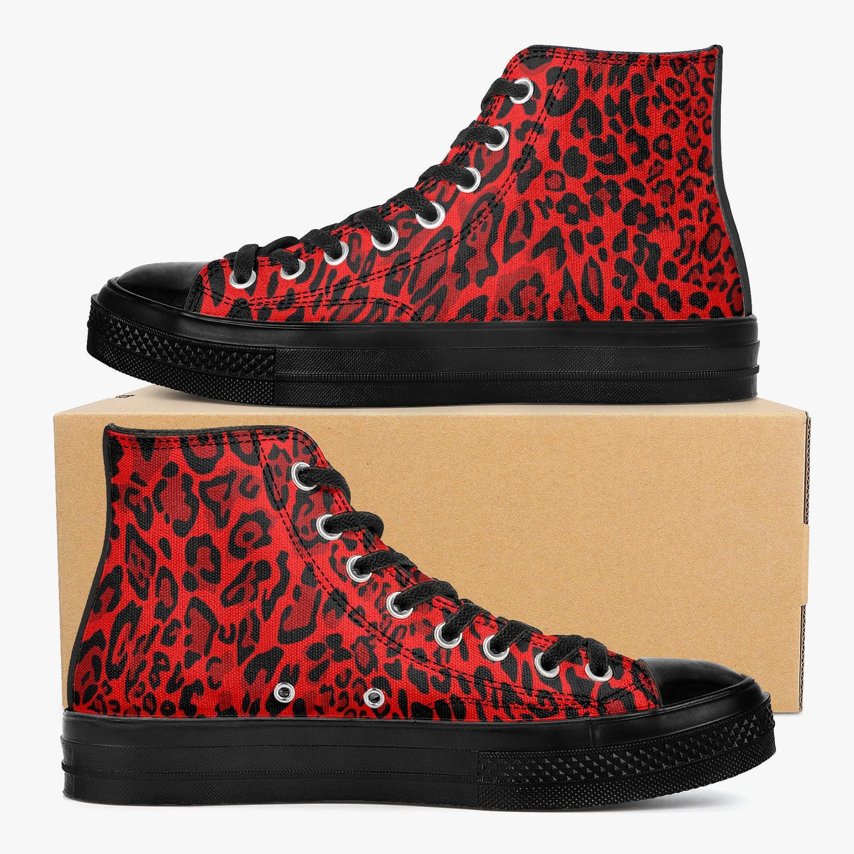 A pair of red and black high-top sneakers with a leopard print pattern.