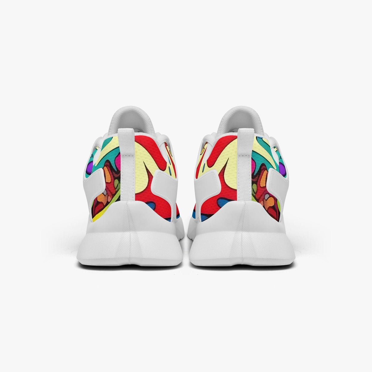 A pair of white sneakers with colorful, abstract designs on the back.