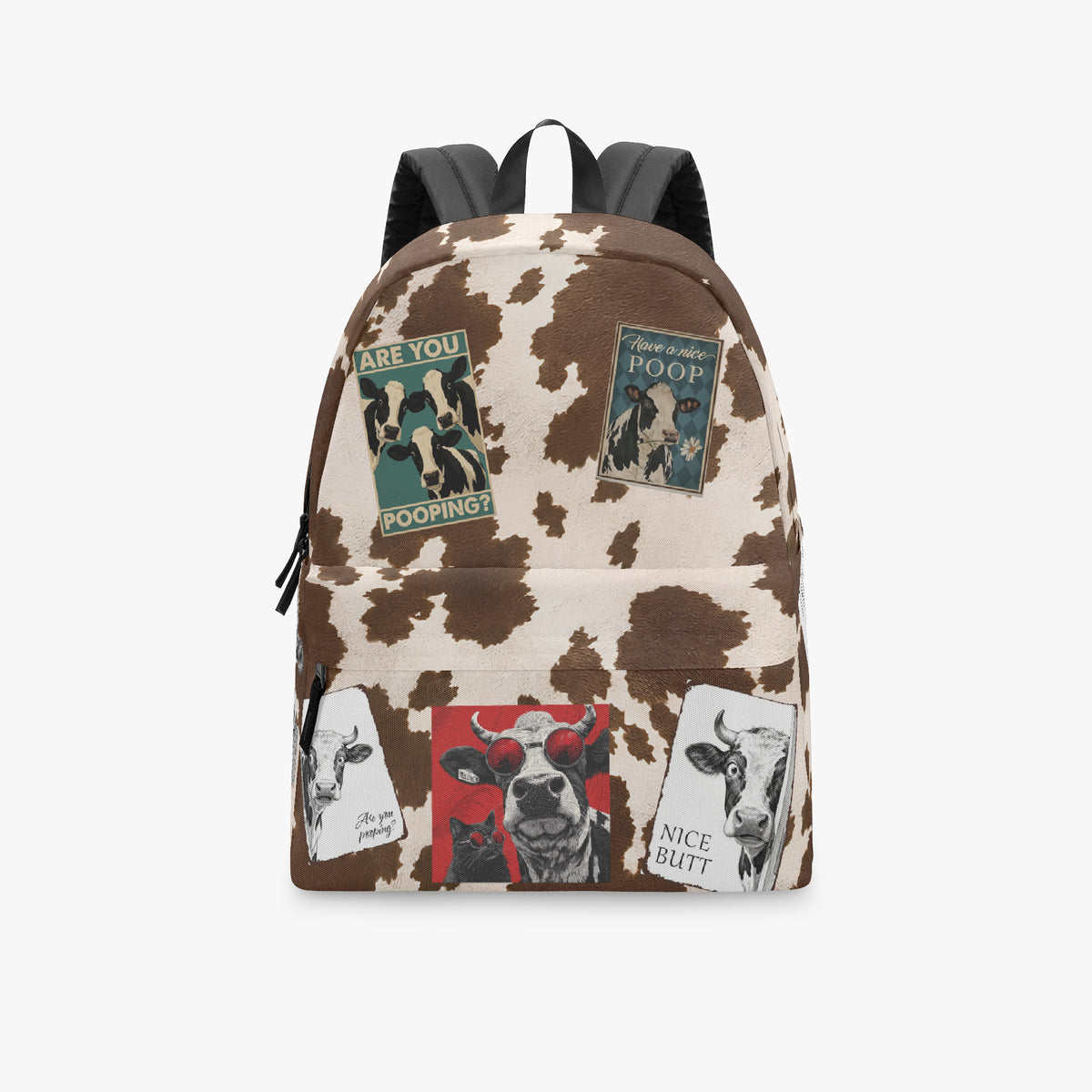 Vista frontal de la mochila de vaca sobre fondo blanco que muestra el bolsillo frontal