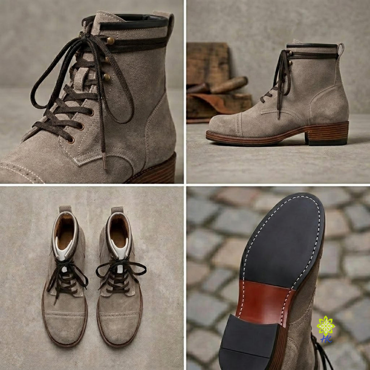 A four-panel collage showing a taupe suede lace-up ankle boot from multiple angles: close-up front, side profile, top-down pair view, and the sole. The boot has dark laces, a low stacked heel, and contrast stitching.