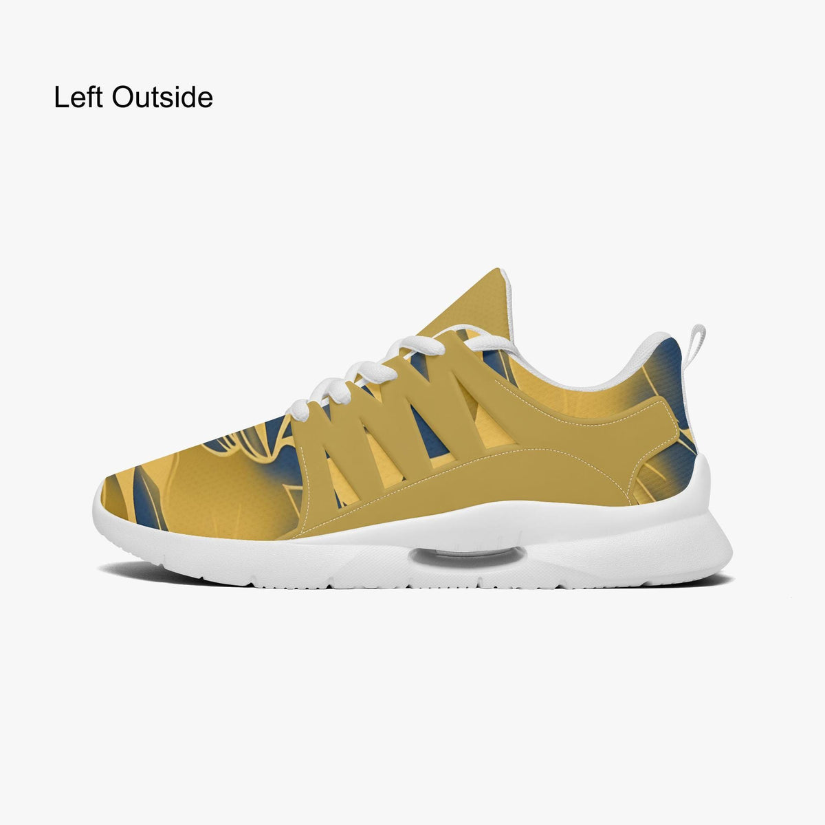 A pair of yellow and blue sneakers with a patterned design.