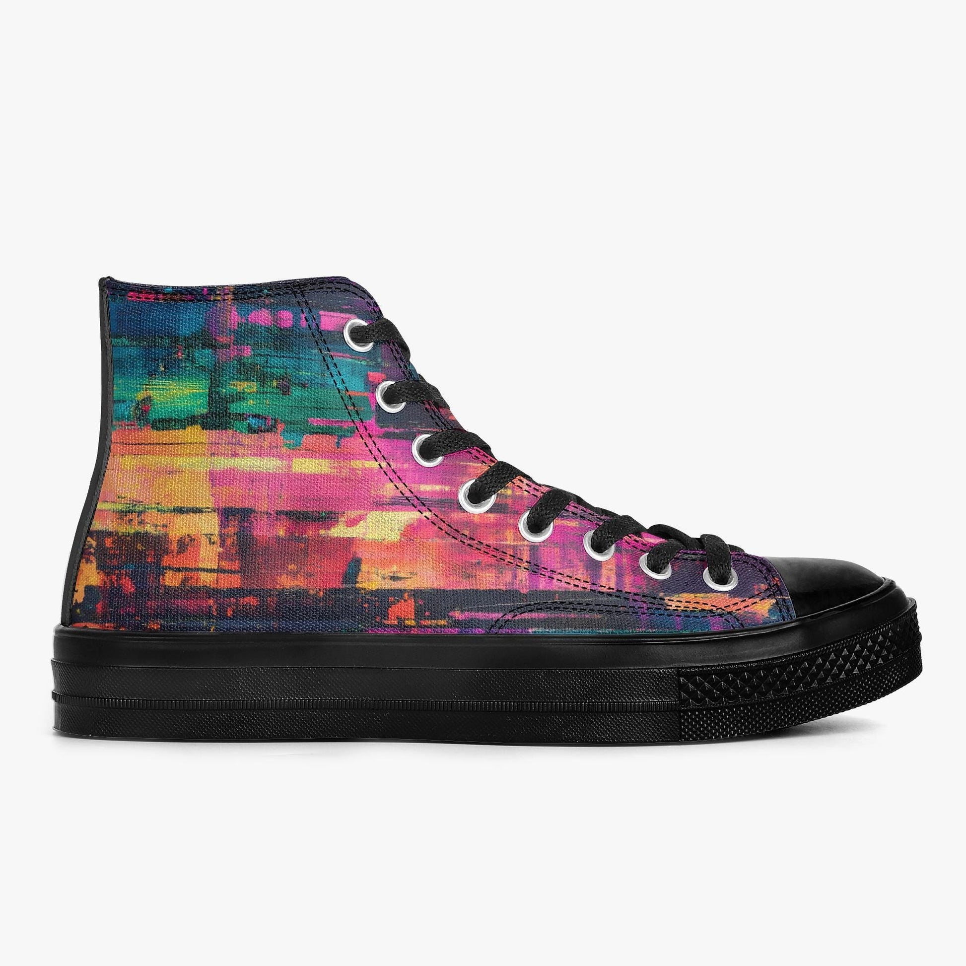 A colorful, patterned high-top sneaker with a black sole and laces.
