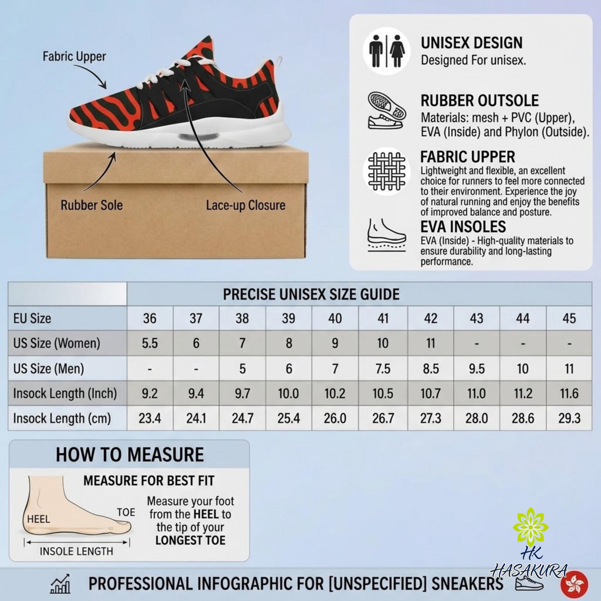 The image is a professional infographic for unspecific sneakers, providing size information and details about the materials used.