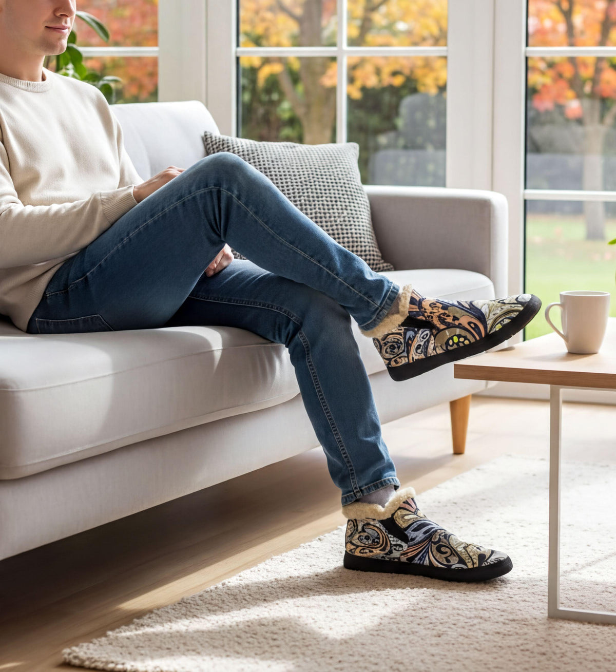 A person is sitting on a couch, wearing patterned shoes, and looking out a window with autumn trees visible.