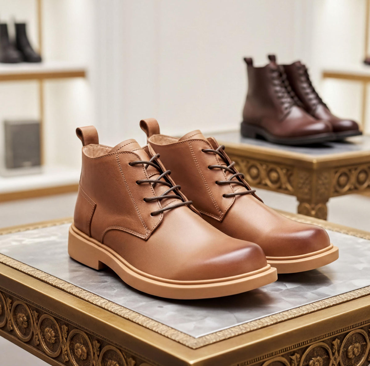 A pair of brown leather boots is displayed on a decorative table in a store.