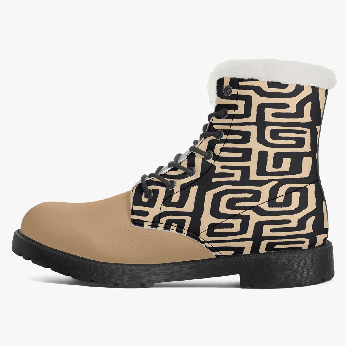 A tan and black patterned boot with a white fur lining.