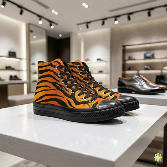 A pair of vibrant orange and black tiger-striped high-top sneakers displayed on a white table in a shoe store.