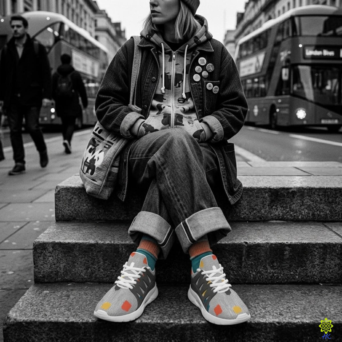 Modella seduta sui gradini di una strada con sneakers grigie a righe gessate, jeans e calzini colorati