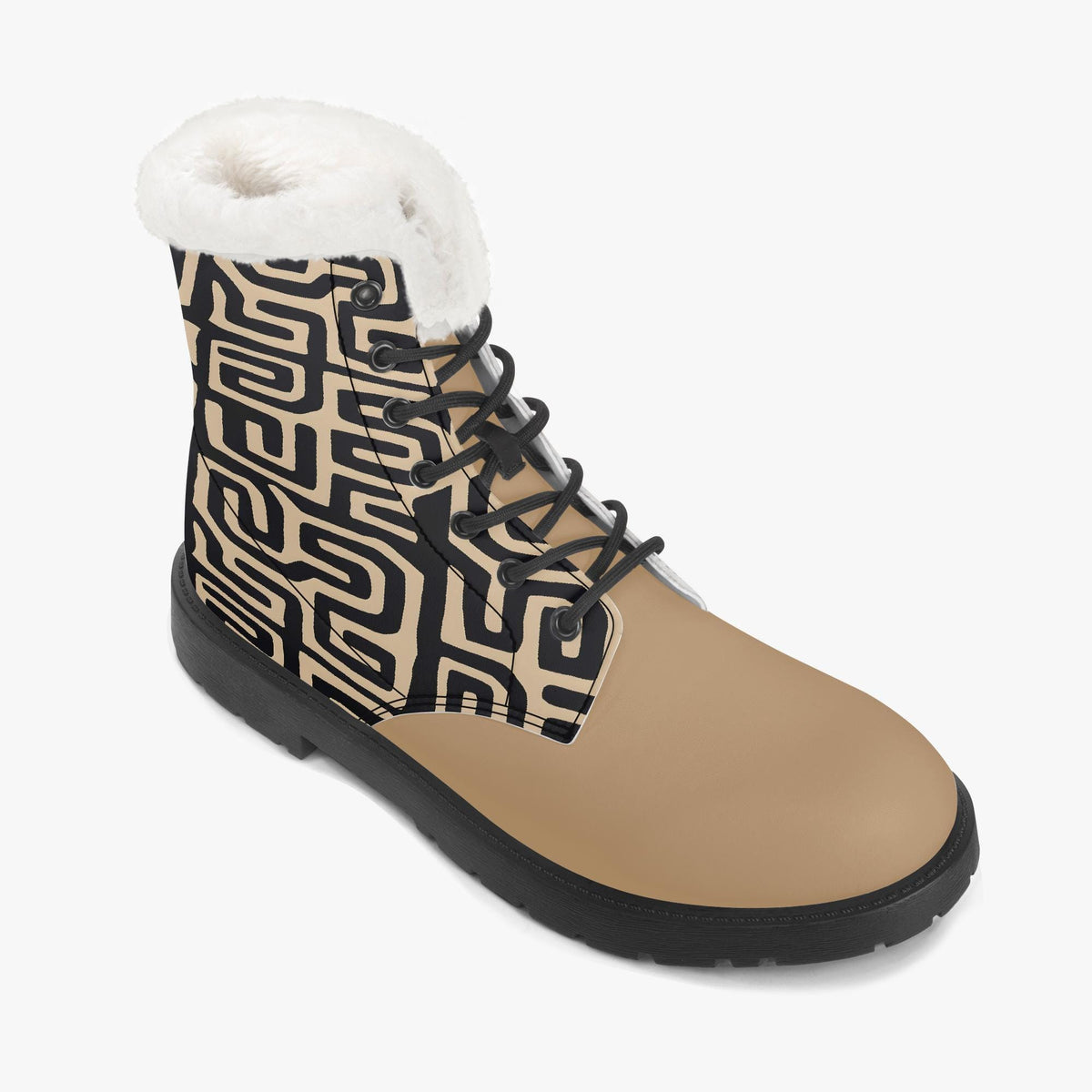 A tan and black patterned boot with a white fur lining.