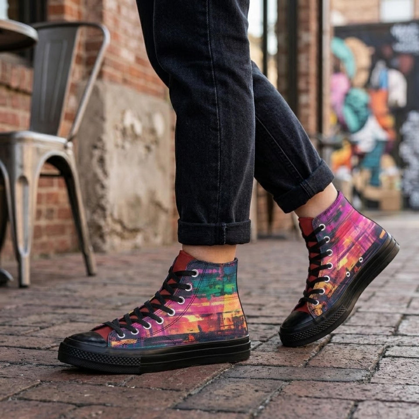 A person wearing colorful high-top sneakers with a vibrant, abstract pattern on the side, standing on a brick sidewalk.
