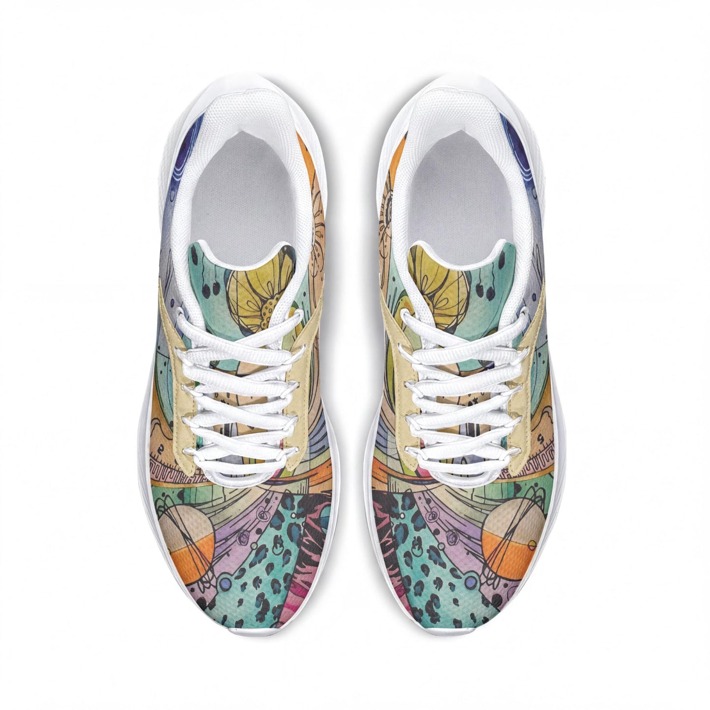 A pair of colorful, patterned sneakers with abstract designs on the soles and laces.