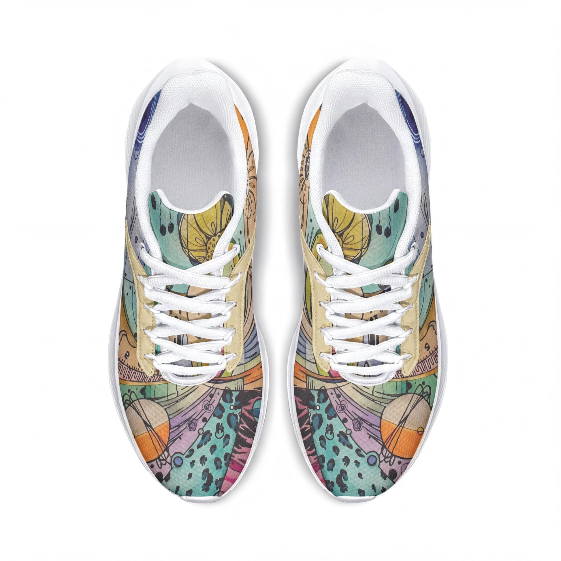 A pair of colorful, patterned sneakers with abstract designs on the soles and laces.