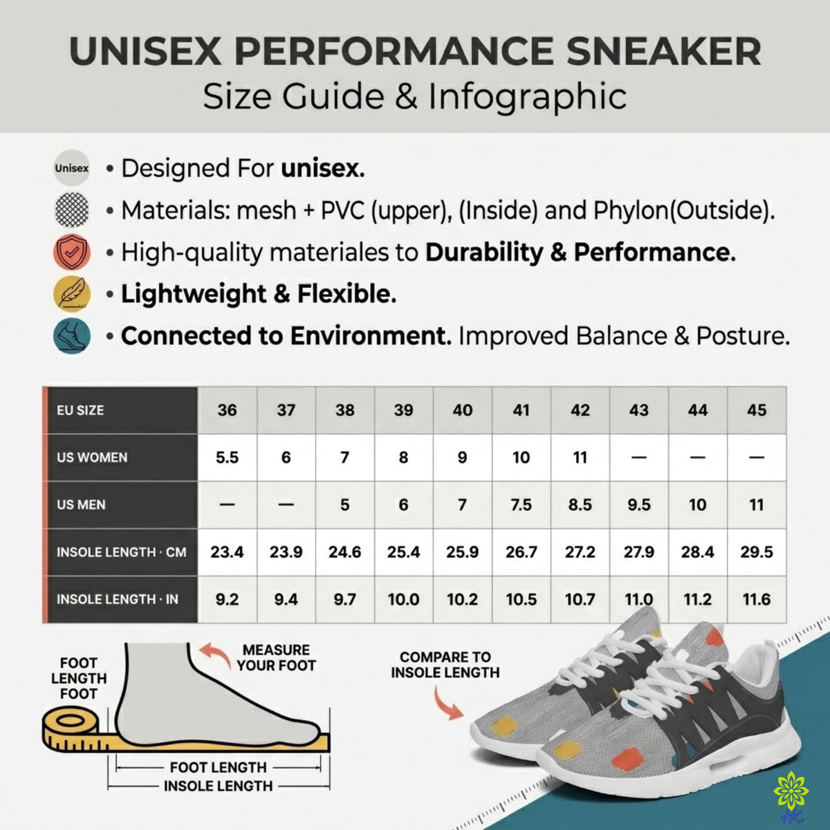 Guida alle taglie delle sneakers unisex con misure EU e US e lunghezza della soletta