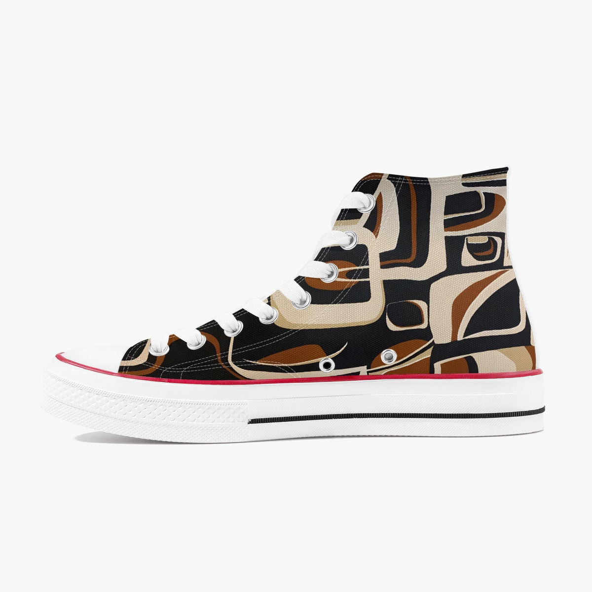 A high-top sneaker with a black and brown abstract pattern on the side and a white sole.
