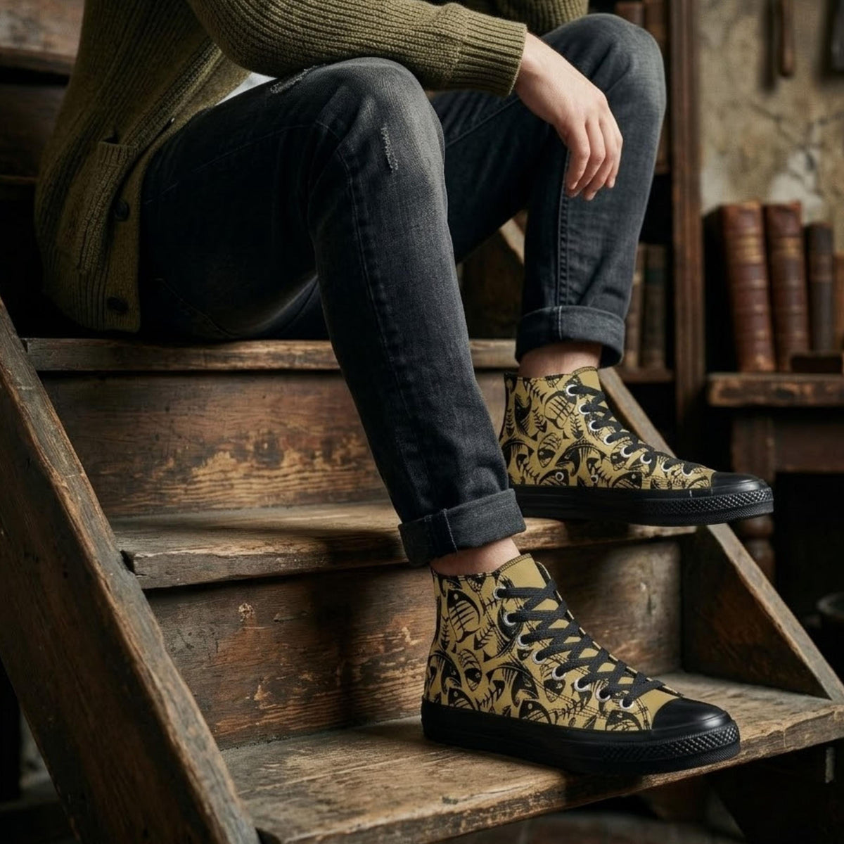 A person sitting on wooden steps wearing black jeans and yellow and black patterned sneakers.