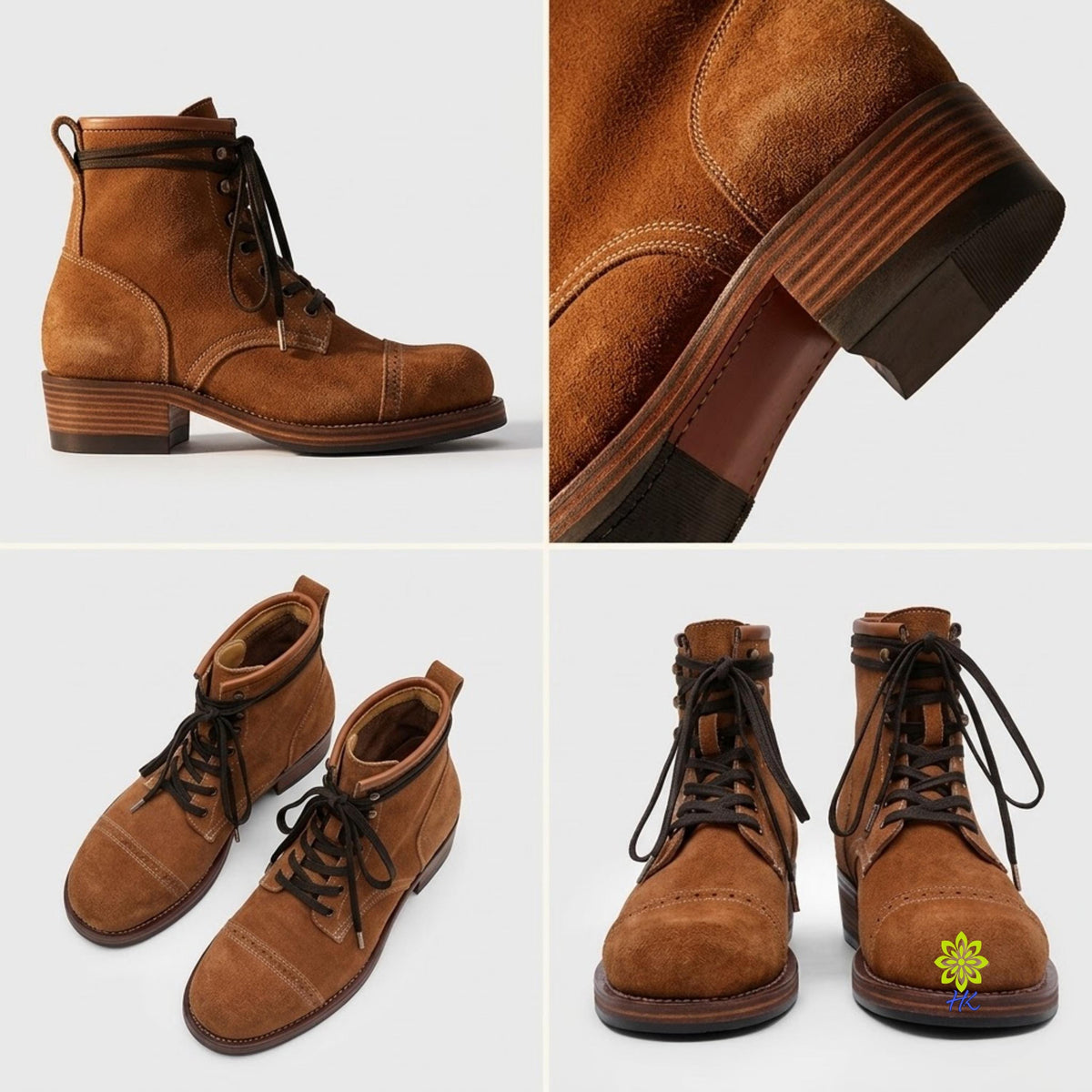 A four-panel collage showing a pair of brown suede lace-up ankle boots from multiple angles: side view, close-up of the heel and sole, front view with both boots, and front view with a small yellow flower graphic on one boot. The background is a clean light gray.