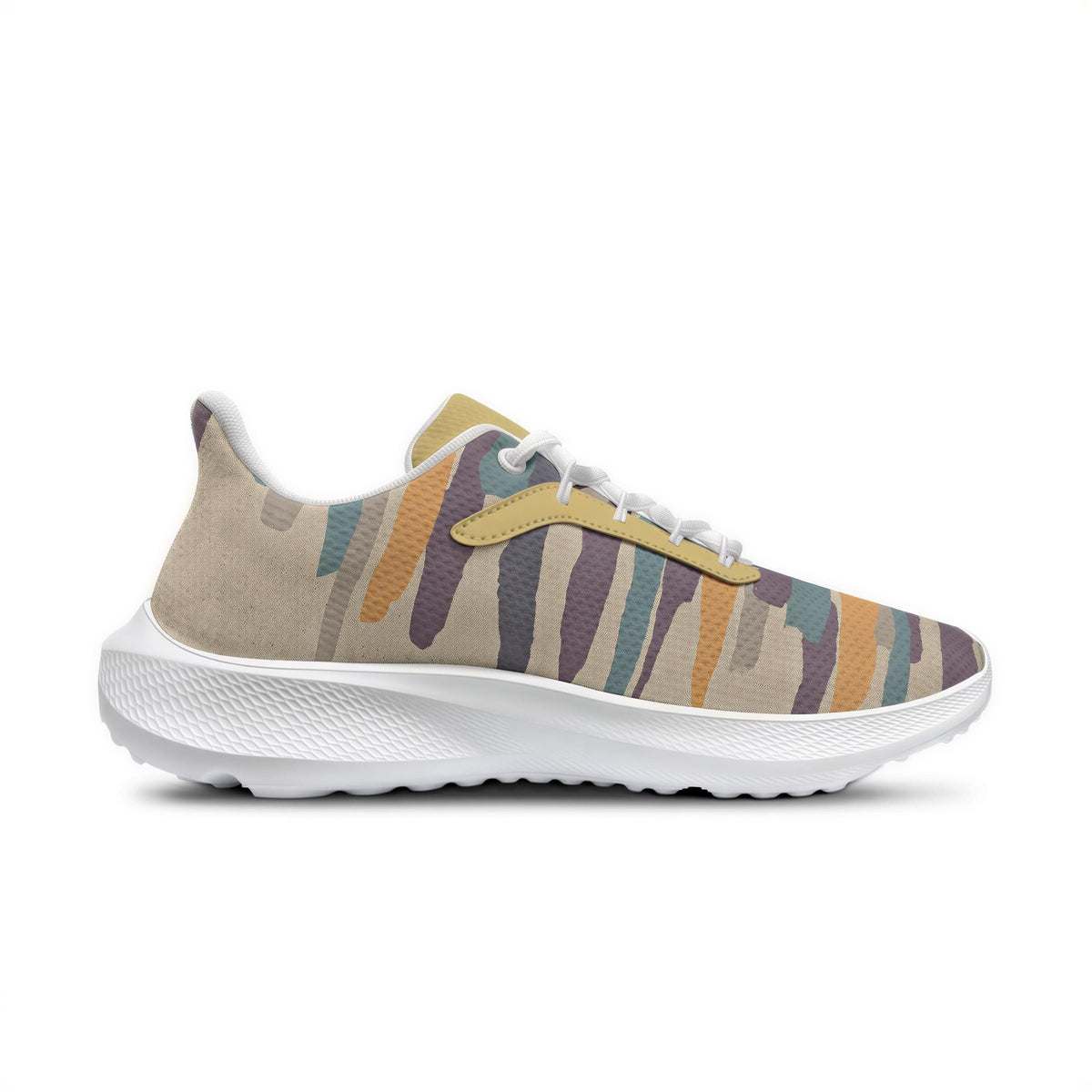 A colorful, patterned sneaker with a white sole and laces.