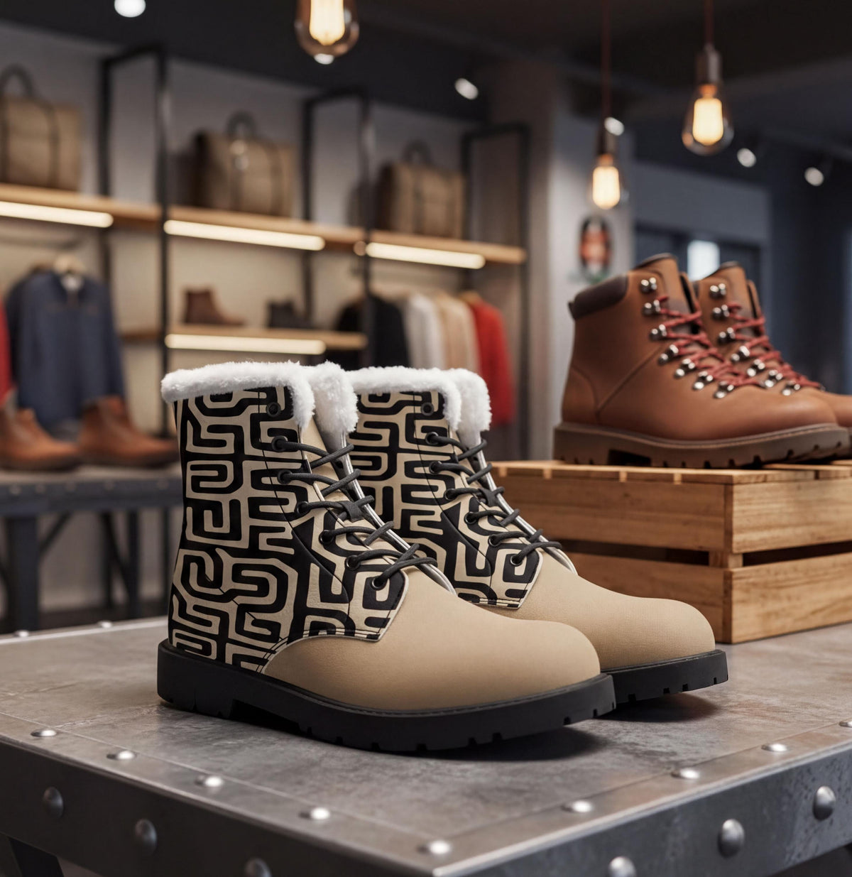 A pair of patterned boots sits on a metal table in a store, with other boots visible in the background.