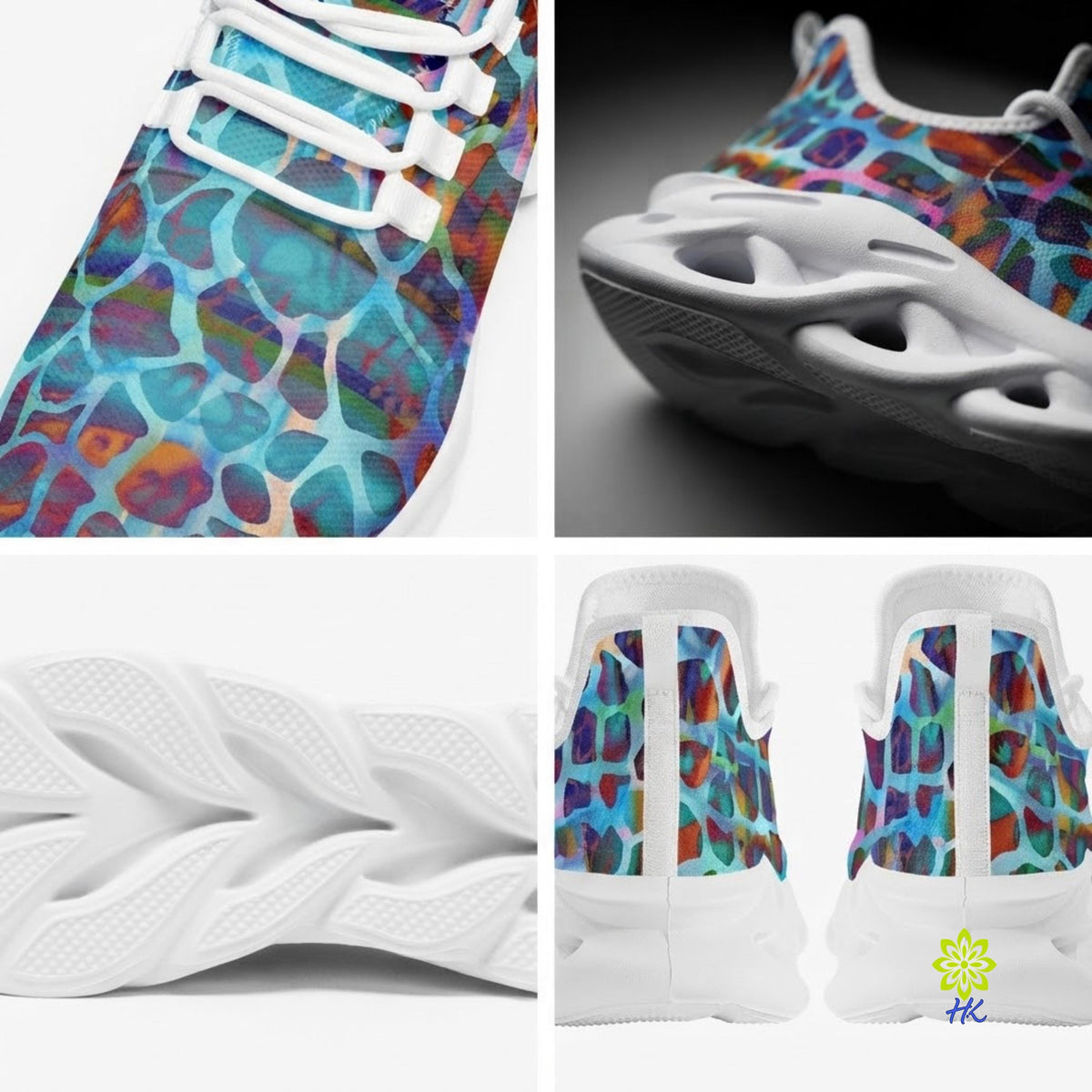 A four-panel collage showing a sneaker from multiple angles: a close-up of the colorful patterned upper with white laces, a side profile with a chunky white sole, a close-up of the white sole, and a rear view showing the matching colorful pattern on the heel area. The shoe has a bright abstract multicolor print over a white base.