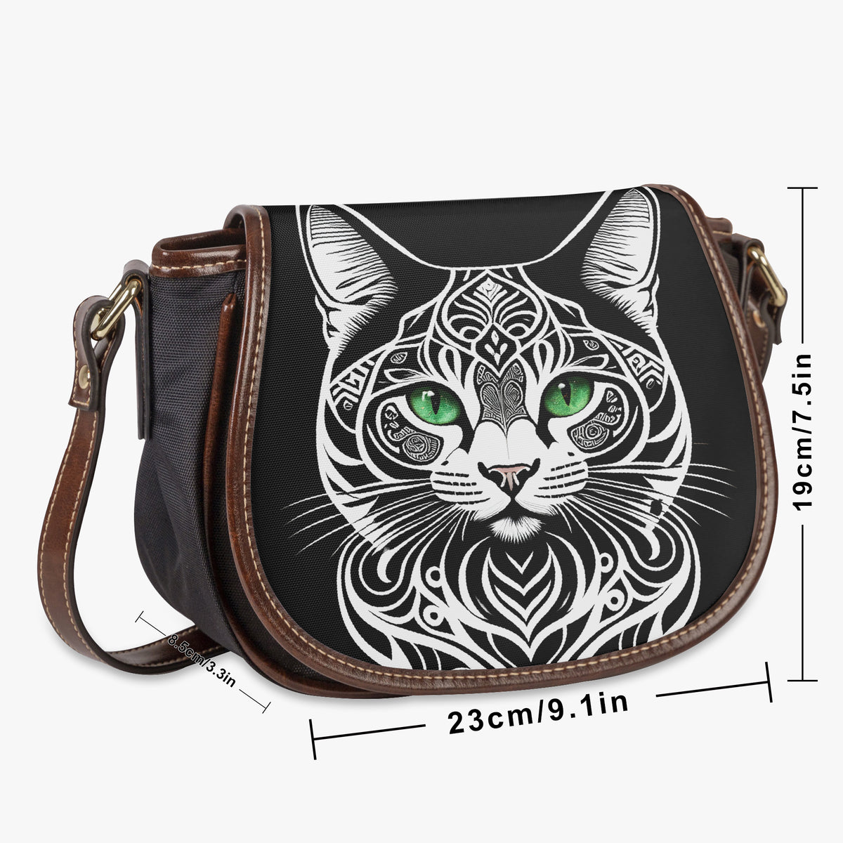 Dimension diagram of cat crossbody bag showing 23 cm width, 19 cm height and 8.5 cm depth