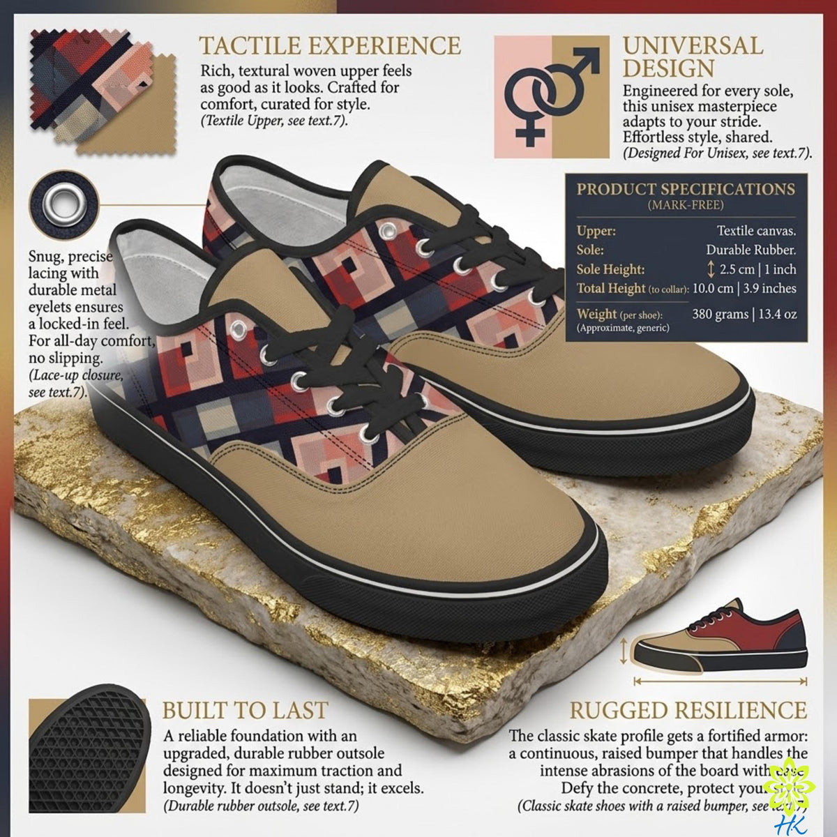 The image is a detailed description of a pair of shoes, including their design, materials, and features. It provides a visual representation of the shoes, along with some text that describes their characteristics and specifications.