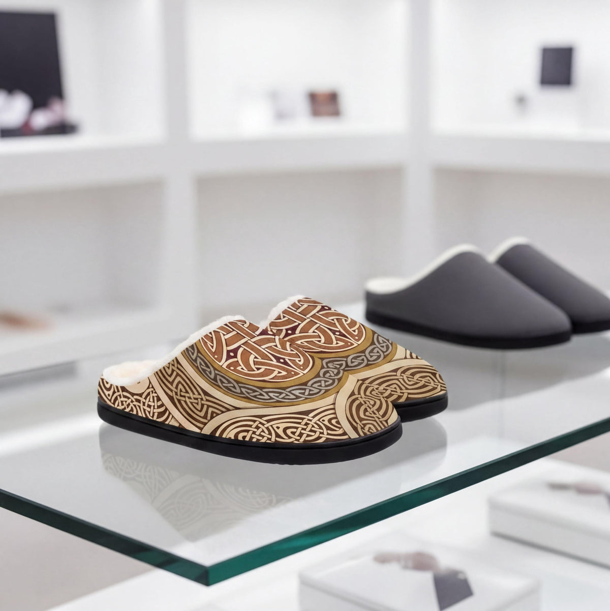 A pair of patterned slippers on a glass shelf, with a pair of gray slippers visible in the background.