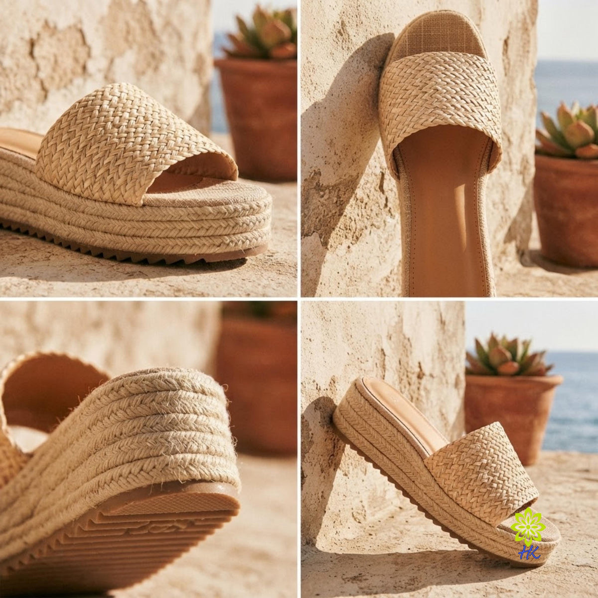 Woven Raffia Platform Slide Sandals with Cushioned Footbed