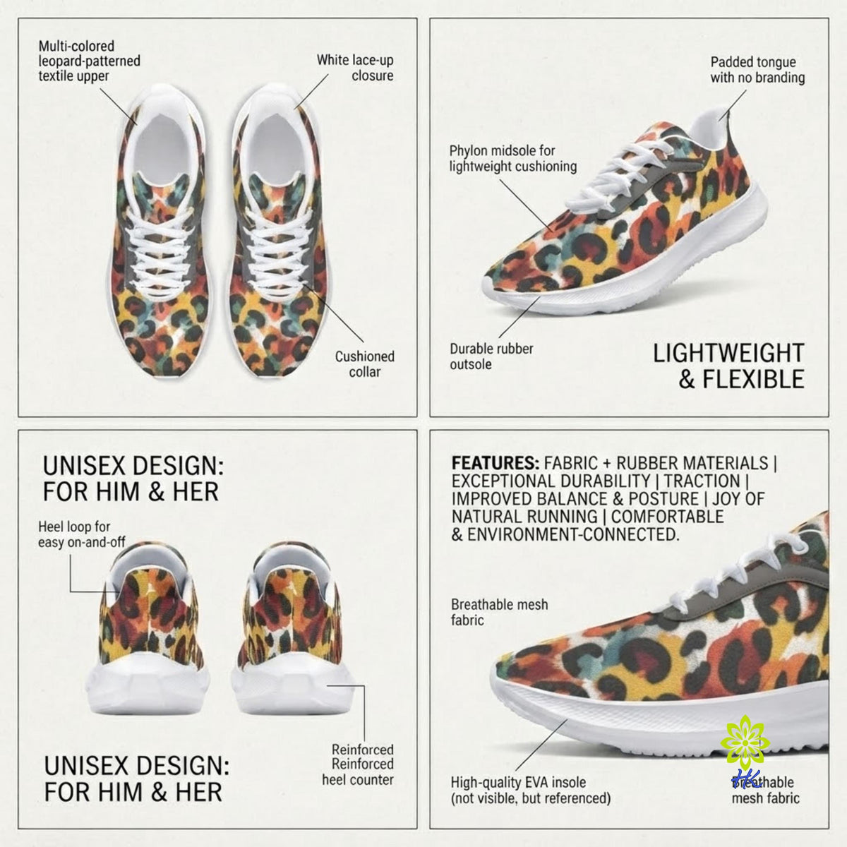 Leopardenmuster Sneaker, Unisex Multicolor Schnürschuhe Laufschuhe