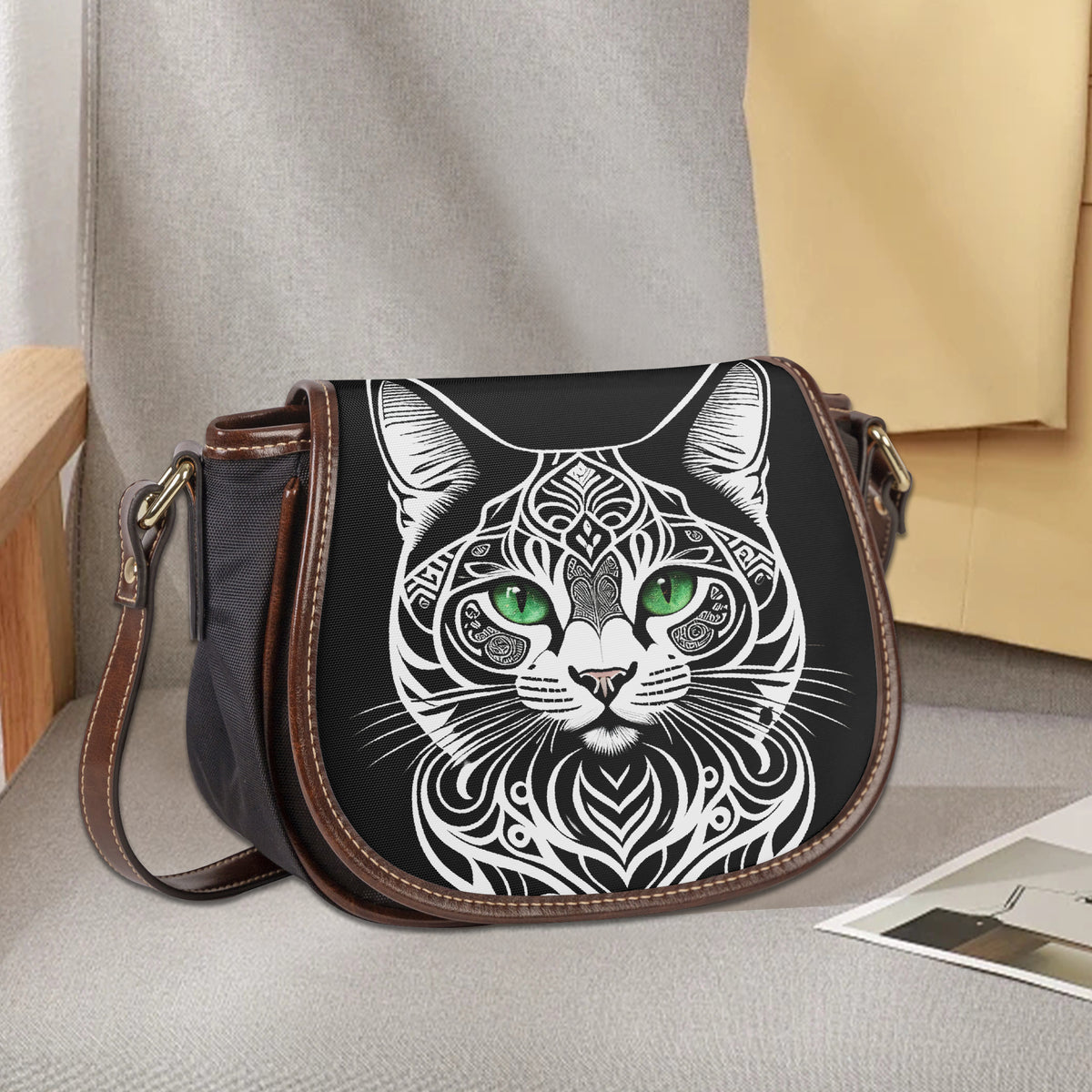 Cat crossbody bag front view on grey fabric background