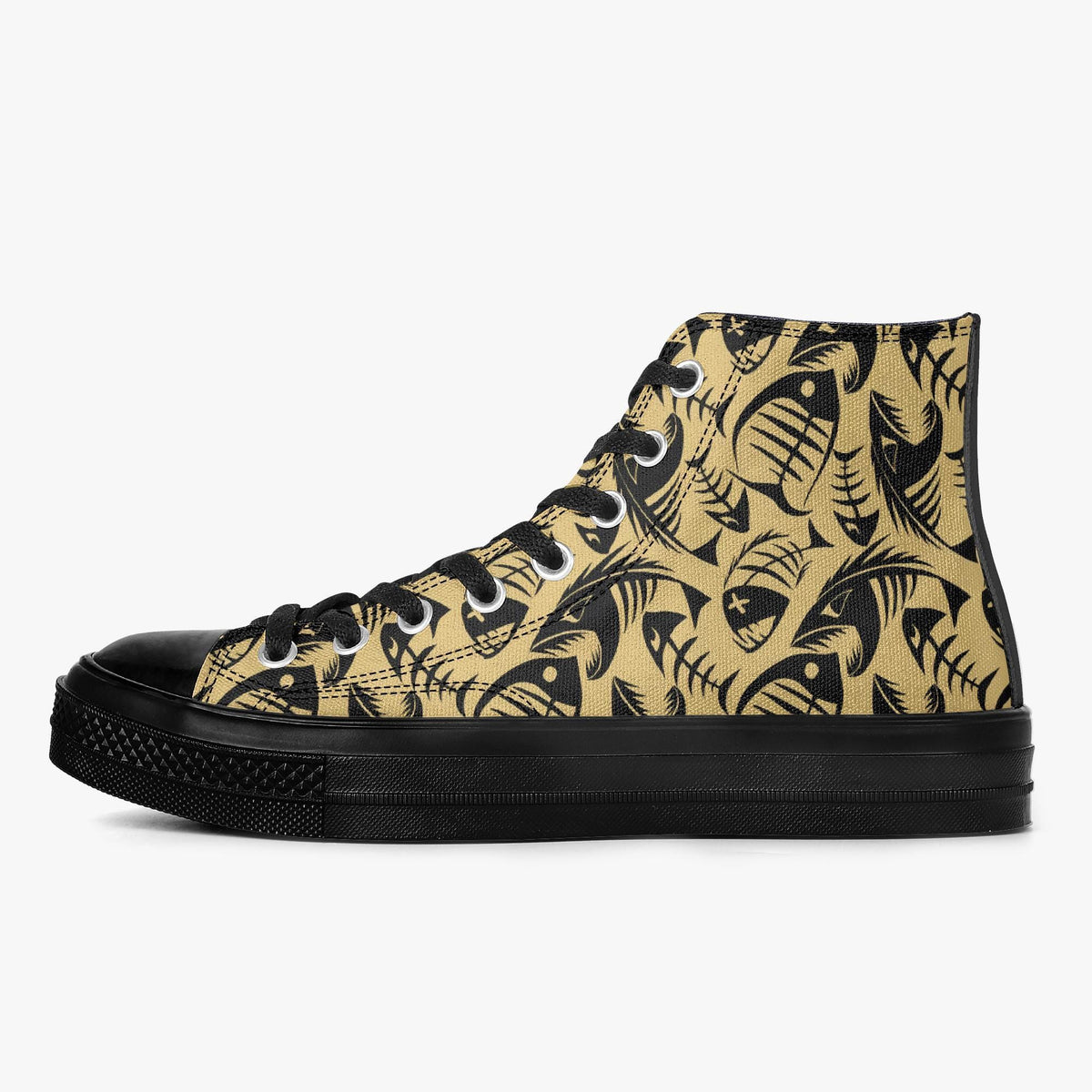 A black and gold high-top sneaker with a fish print pattern on the side.