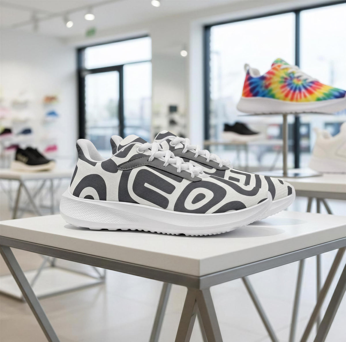 A pair of white sneakers with a black and gray patterned design, displayed on a white table in a store.
