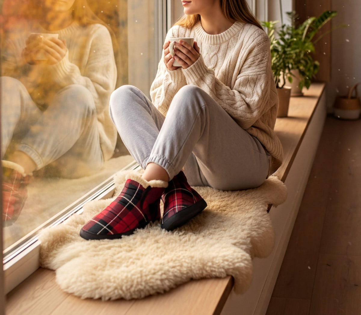 A woman sits on a window sill, sipping a cup of coffee and wearing cozy plaid slippers.