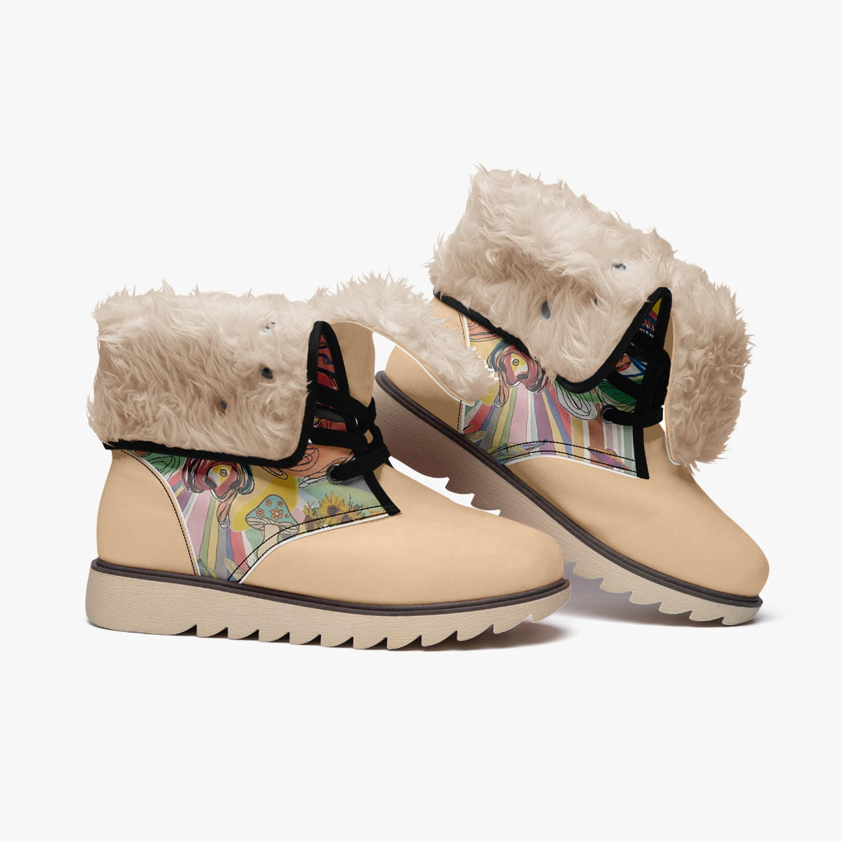 A pair of tan boots with fur trim and colorful, abstract patterns on the sides.
