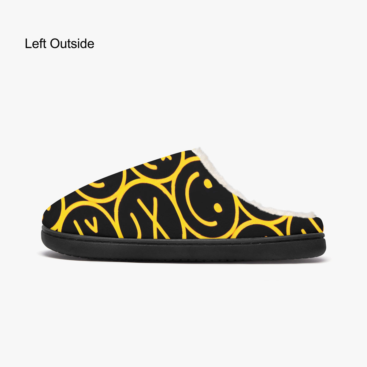Left outside side view of a smiley face slipper on white background