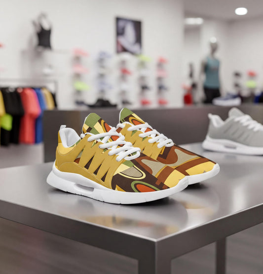 A pair of colorful sneakers with a patterned design, displayed on a table in a retail setting.