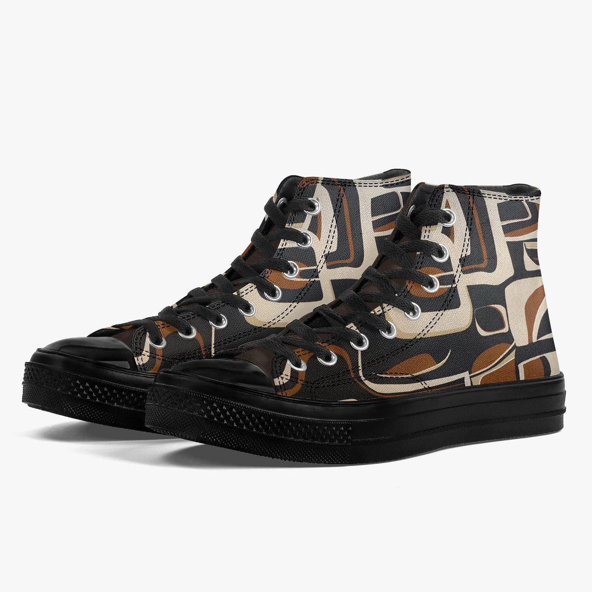 A pair of black and brown patterned high-top sneakers with a distinctive design.