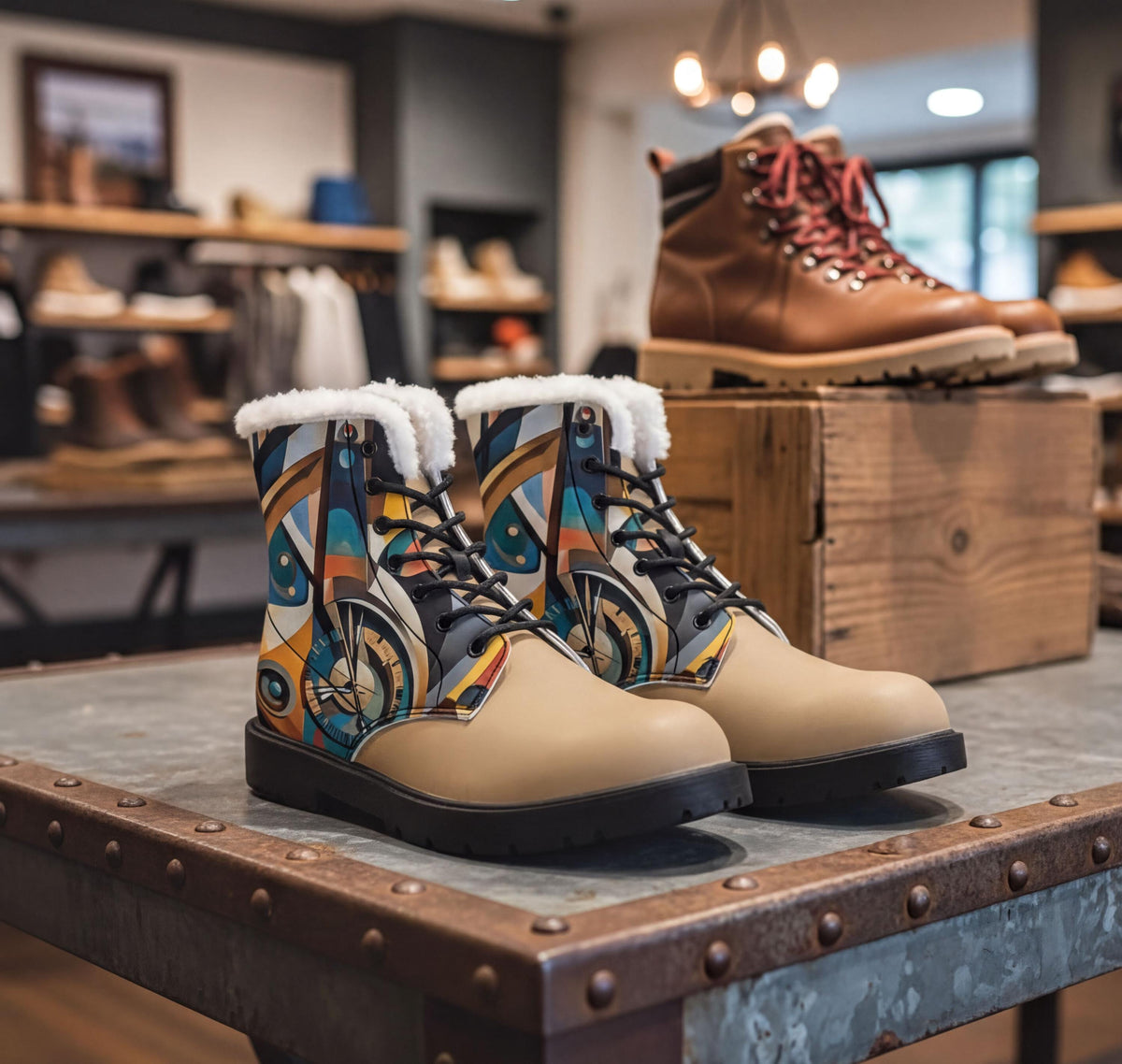A pair of colorful, patterned boots with fur lining, displayed on a wooden table in a retail setting.