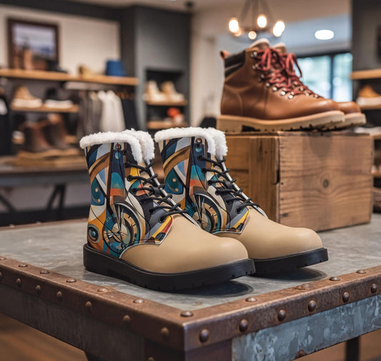 A pair of colorful, patterned boots with fur lining, displayed on a wooden table in a retail setting.
