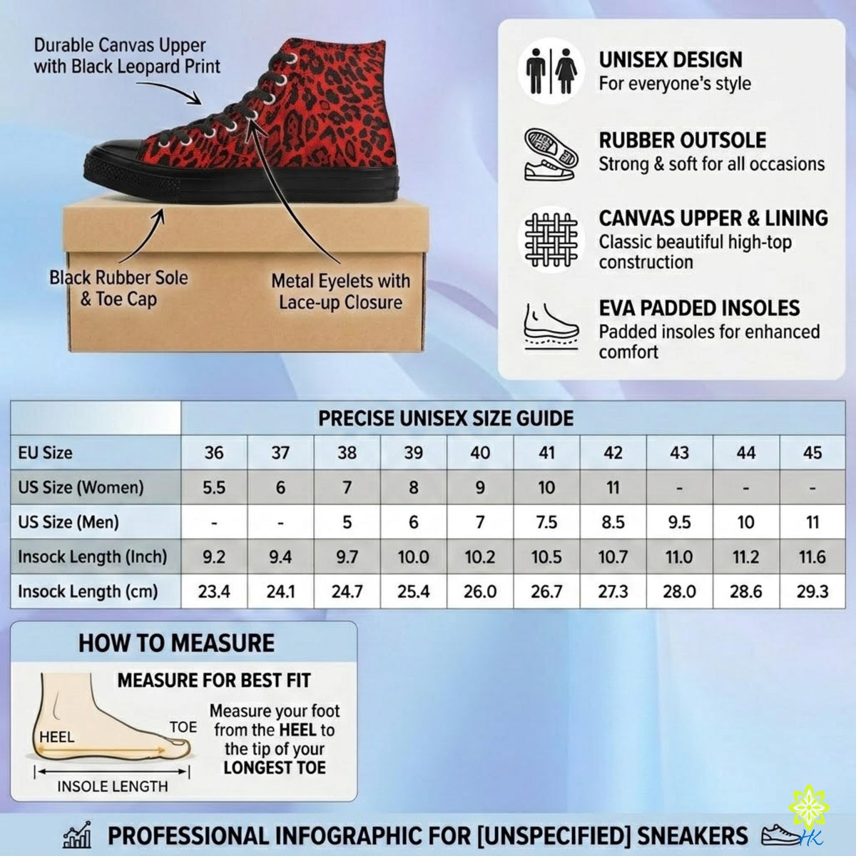 The image is a professional infographic for sneakers, providing information on the size and features of a specific sneaker model. It includes a close-up view of the sneaker, a box with the sneaker model, and a table with size and feature information. The infographic is designed to provide precise information for those looking for the best fit and style for their needs.