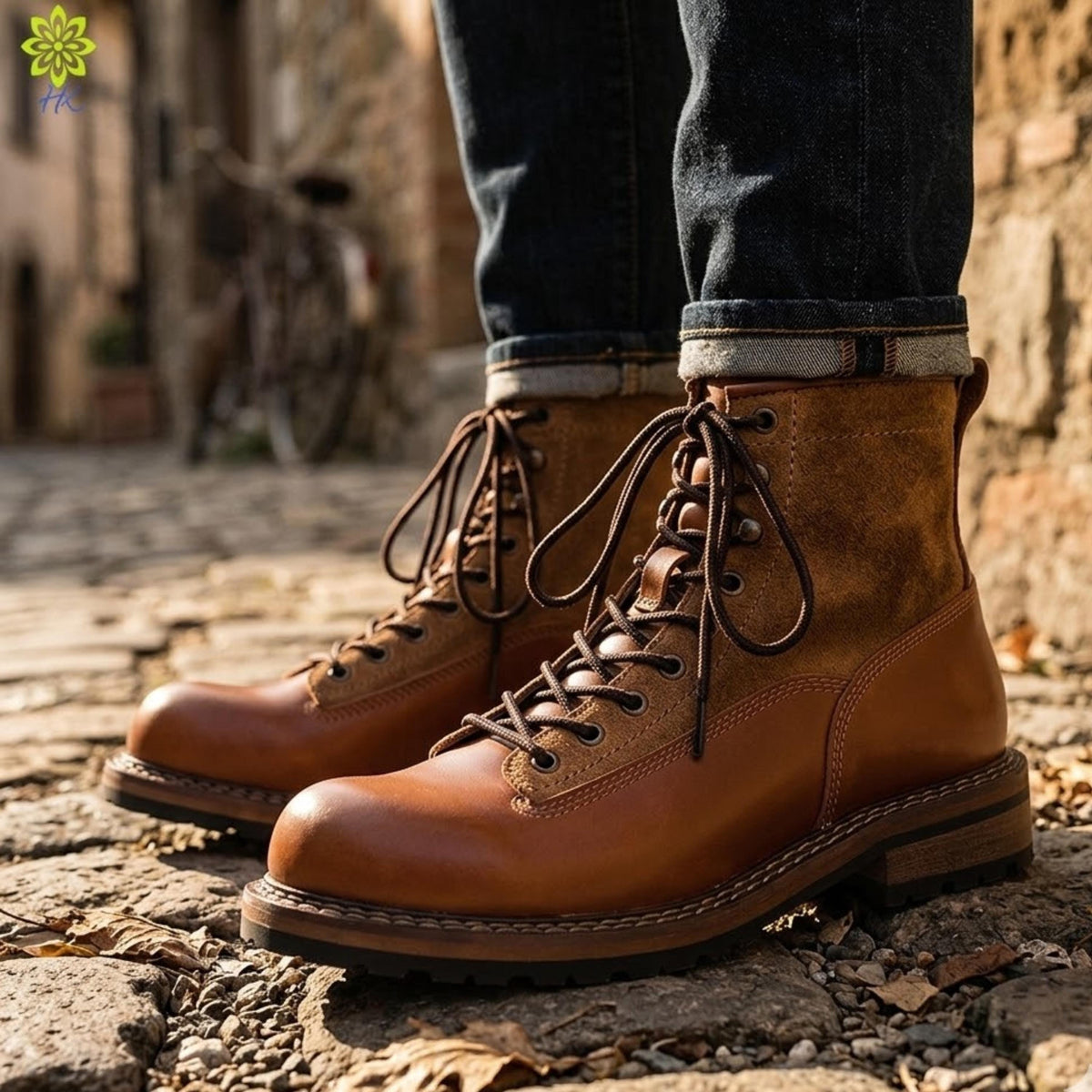 A close-up of a person's feet wearing brown leather boots with laces, standing on a cobblestone surface.