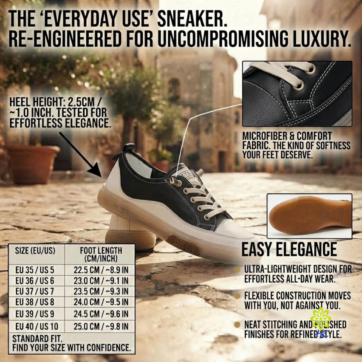 A promotional graphic for a black and beige sneaker, featuring a main shoe, close-up inset photos of the heel and fabric, text callouts, a size conversion table, and a blurred outdoor background.
