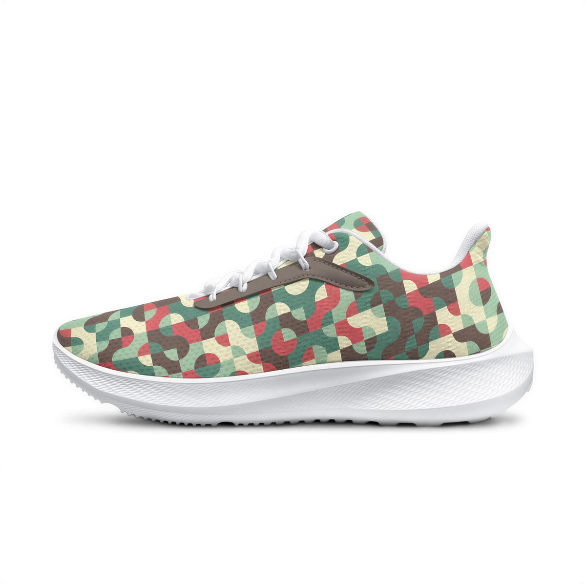 A colorful, camouflage-patterned sneaker with a white sole.
