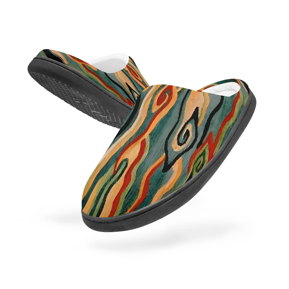 A pair of colorful, abstract slippers with a vibrant, swirling pattern on the soles.