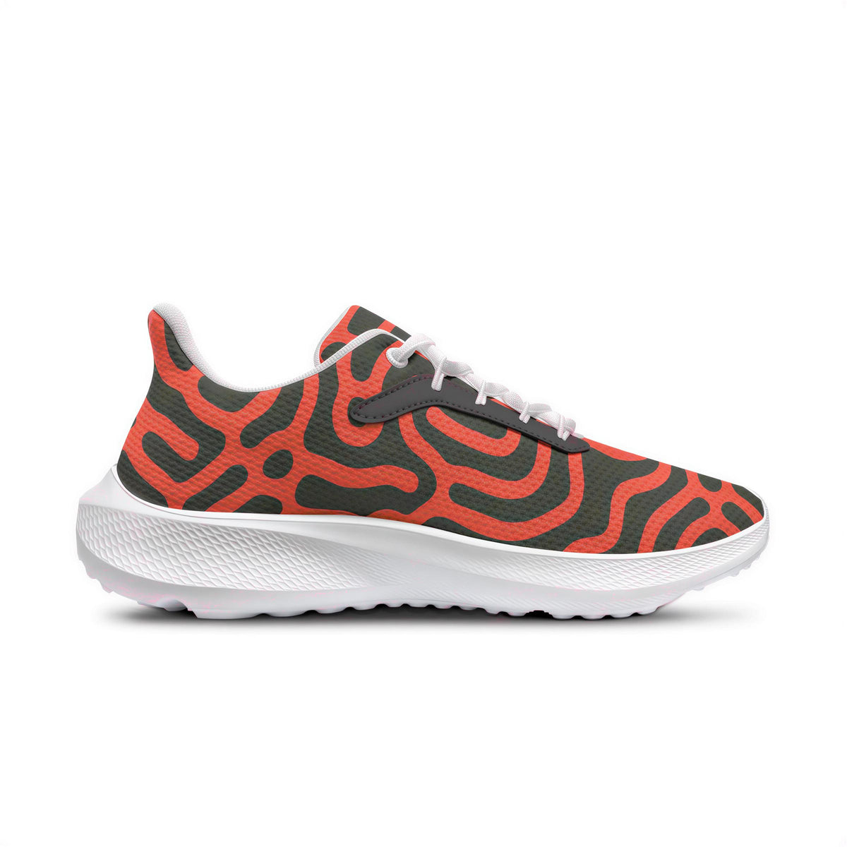A colorful, patterned sneaker with a bold, abstract design in shades of orange and black.