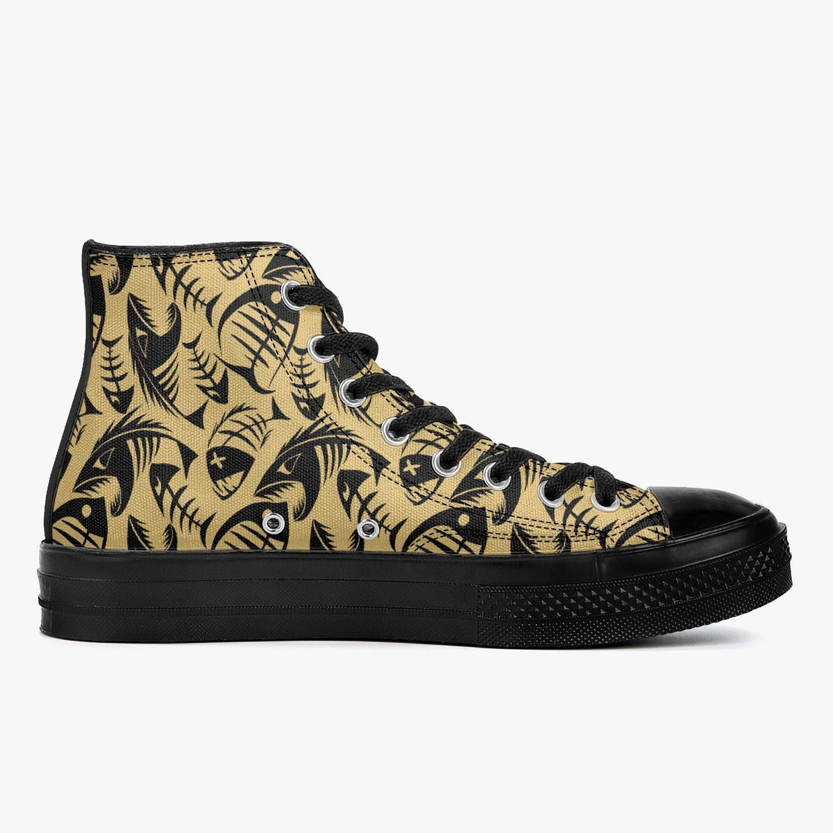 A pair of high-top sneakers with a black and gold fish print pattern on the side.
