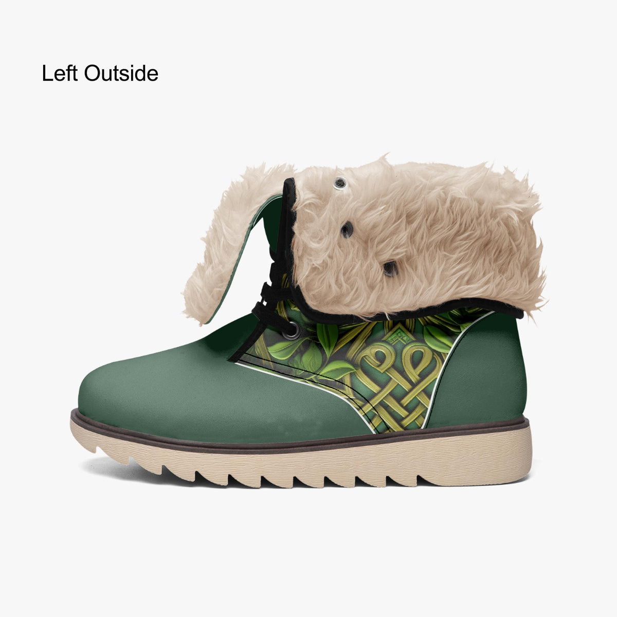 A green and beige patterned boot with a furry trim, featuring a floral design on the side.